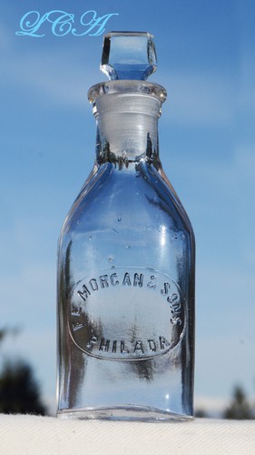 TINY half 1/2 oz F E MORGAN PHILADA antique bottle w/GLASS STOPPER - clear glas - 第 1/2 張圖片