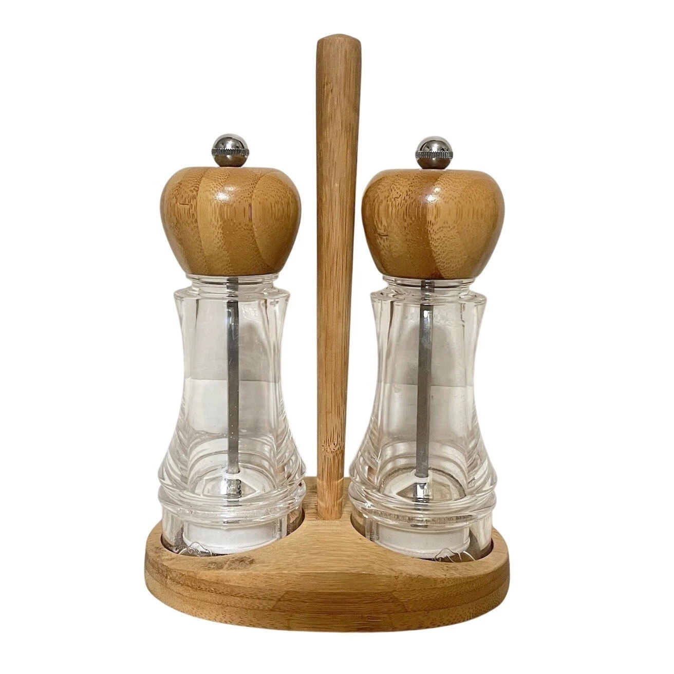 Pampered Chef Salt & Pepper Grinders with Bamboo Stand Set Wood