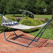 2-Person Rope Hammock with Blue Steel Stand and Pillow - Natural by Sunnydaze