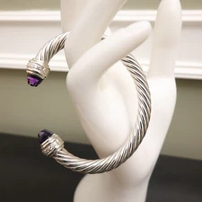 David Yurman bracelet cable cuff 7mm amethyst w pave diamonds sterling silver
