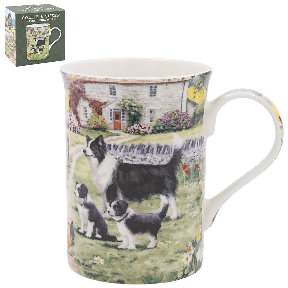 Ceramic Mug Collie & Sheep Coffee Cup Fine China Hot Drink Farm Design Gift Idea