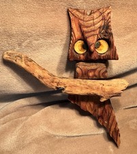 Vintage Wooden Carved Kitschy 70s Owl Art Felt Eyes On Branch Wall Decor Boho