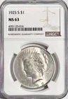 1925 S Peace Silver Dollar NGC MS 63