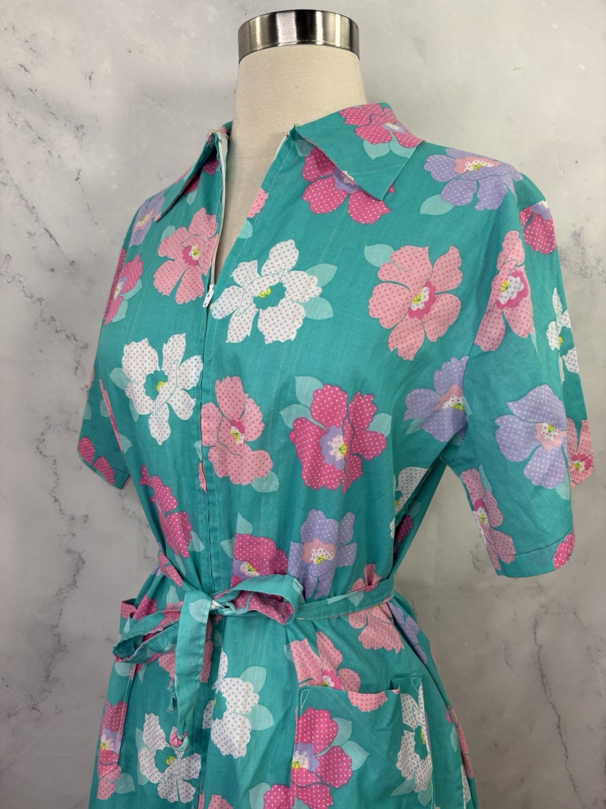 Vtg 70s MOD House Dress Floral Zip Front Belted Pockets Housewife Cottagecore L