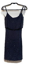 Adrianna Papell Navy Sequin Beaded Spaghetti Strap Mini Dress Size 2- cocktail