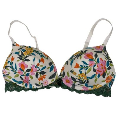 Adore Me Floral Bra 32D Green Lace Trim Padded Push Up White Pink Orange Yellow