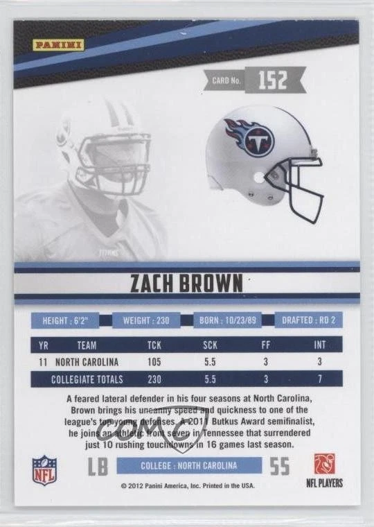 2012 Panini Rookies & Stars Longevity Rookie Zach Brown #152 RC - Image 2 of 2