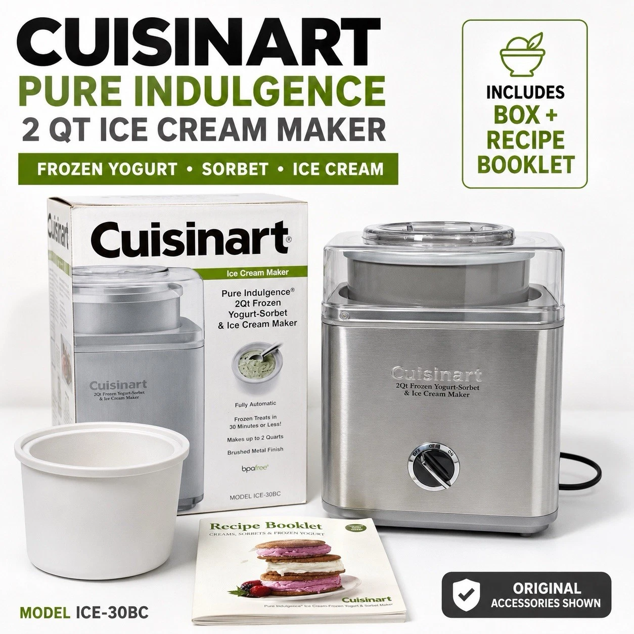 Cuisinart Pure Indulgence 2 Qt Ice Cream Frozen Yogurt Sorbet Maker 30BC
Opens in a new window or ta