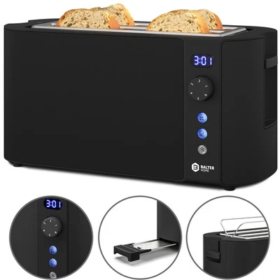 BALTER HOME Toaster 4 Scheiben Langschlitz Edelstahl Brötchenaufsatz LCD 1500W Schwarz BWare