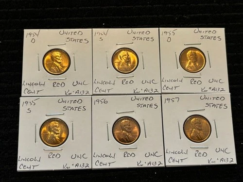 UNITED STATES 1954 D TO  1957 LINCOLN  WHEAT CENTS 6 COIN RED UNC LOT P06