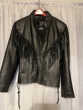 Womens Black Leather Leather King Motorcycle Jacket With Fringe Size Large.