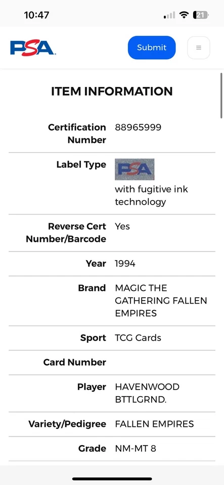 HAVENWOOD BATTLEGROUND Fallen Empires 1994 Magic The Gathering MTG PSA 8 NM-MT - Image 4 of 4