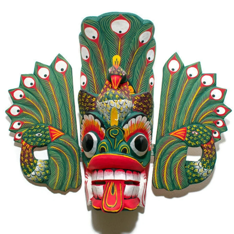 Máscara de madera de Sri Lanka 12" tradicional pavo real diablo decoración del hogar máscara colgante 12" Foto 4 de 4