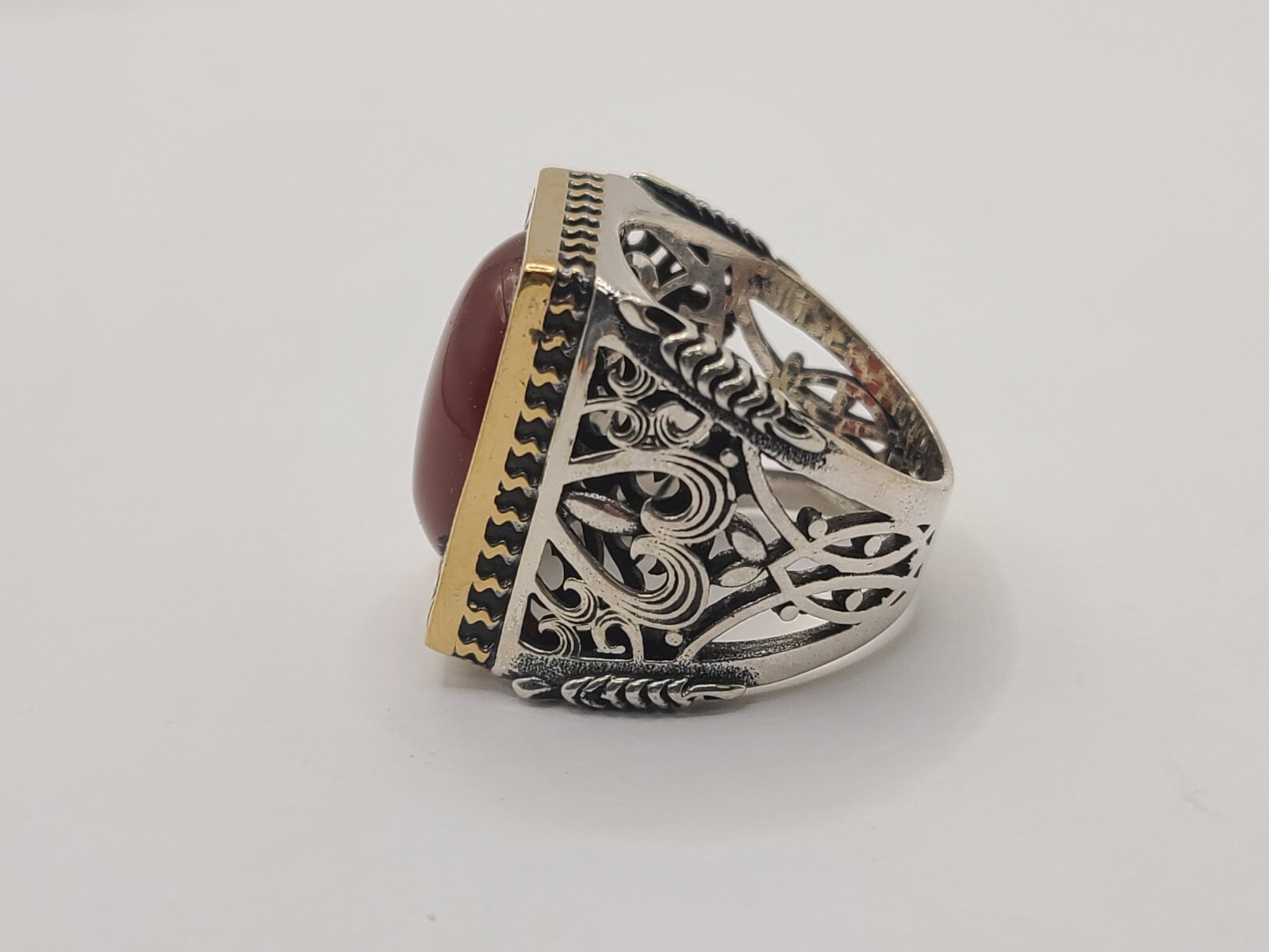 Rectangular Design Silver Mens Ring with Oval Aga… - image 3