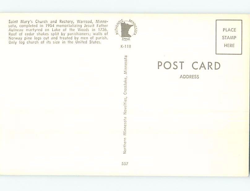 Unused Pre1980 CHURCH Warroad Near Roseau & Baudette Minnesota MN