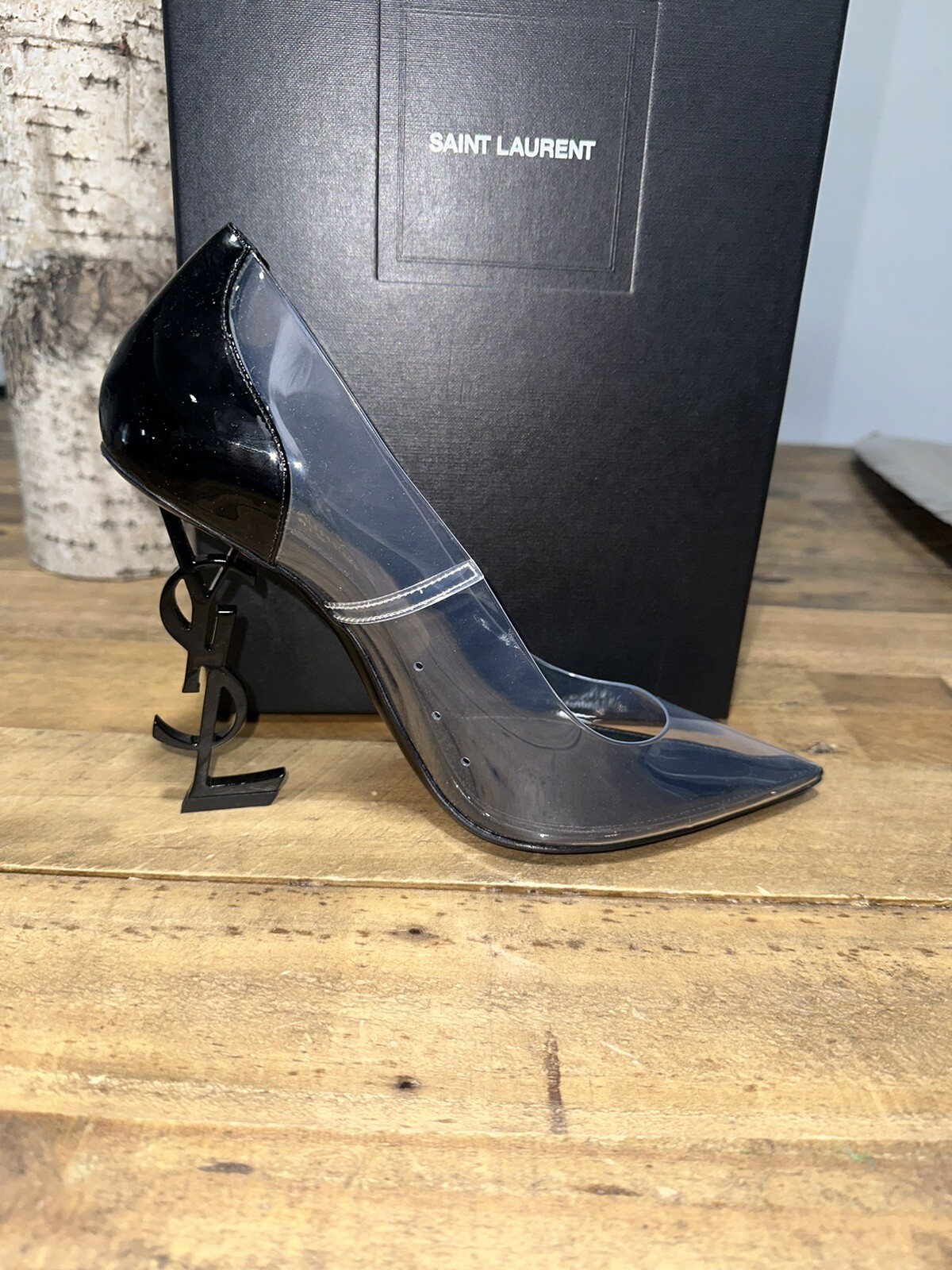 Saint Laurent Opyum PVC trasparente e pelle verniciata con tacco logo YSL nero