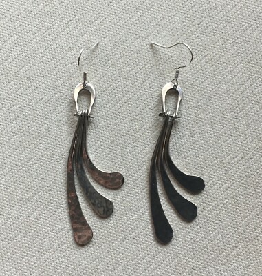 Hammered Steampunk Earrings Stirrup Wing Wave Boho Rustic Artisan Vintage 2.5''
