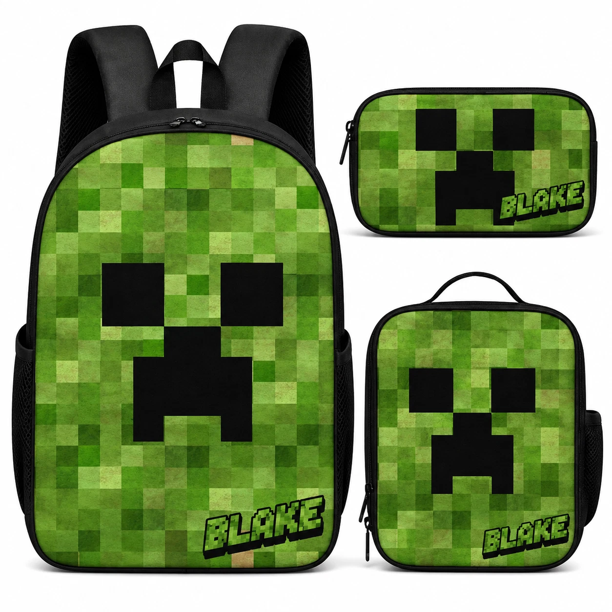 Personalized Green Pixel Monster Face Backpack Lunch Bag Pencil Case Set Custom