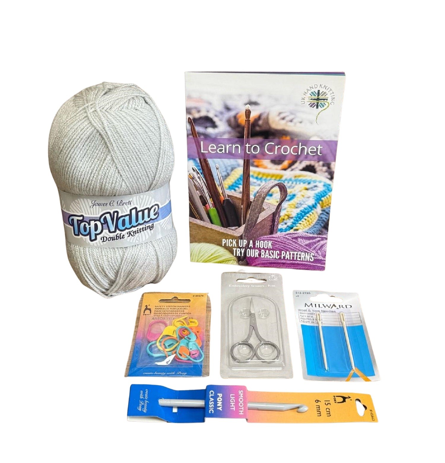 Beginner Crochet Starter Kit Yarn Booklet Hook Scissors Needle & Stitch Markers