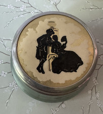 Antique Round Metal Lidded Trinket/Music Box, Black Couple Silhouette Design  on The Hot Collector