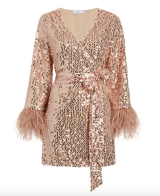 LIKELY Bridges Dress Rose Gold Sequin Feather Cuff Wrap Mini Dress Size 4