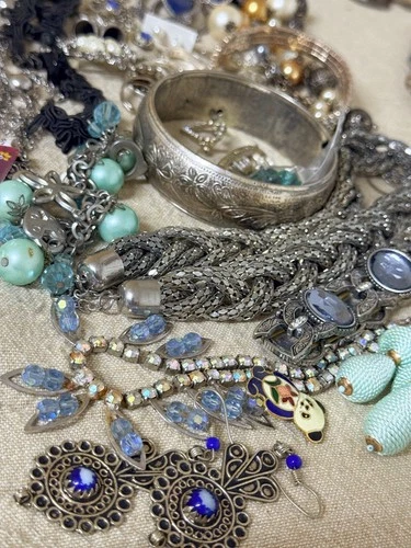 Vintage Costume Jewellery Job Lot Mixed Silver & Boho Blues. Deceased Estate Lot