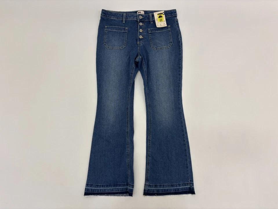 Pantalones de mezclilla SO tiro alto parche bolsillo acampanados niñas azul cintura ajustable talla grande 6 nuevos con etiquetas Foto 2 de 4