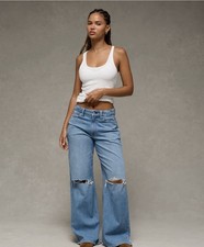 AE Dreamy Drape Stretch Curvy Ripped Super High-Waisted Baggy Wide-Leg Jean Sz14