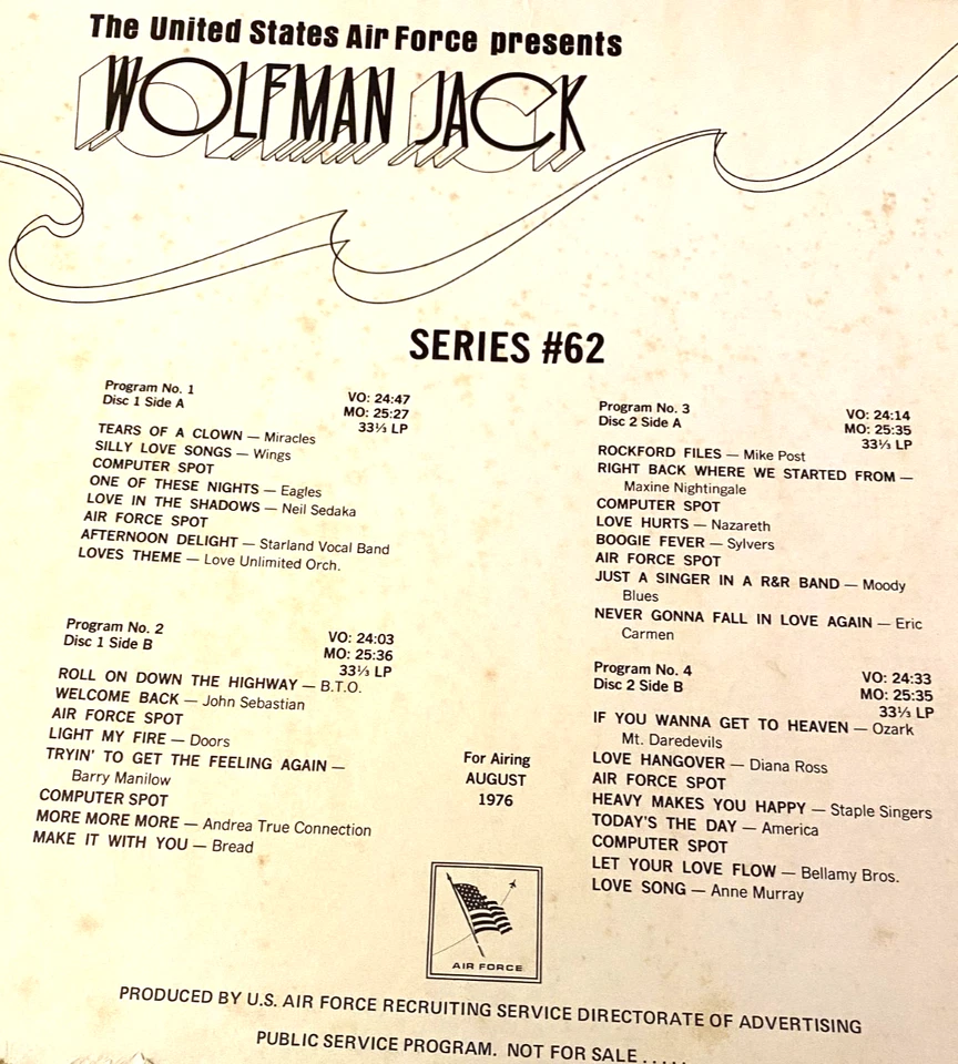 8/76 #62 USAF WOLFMAN JACK SHOW: NAZARETH, SYLVERS, EAGLES, DOORS, ANDREA TRUE - Image 3 of 3
