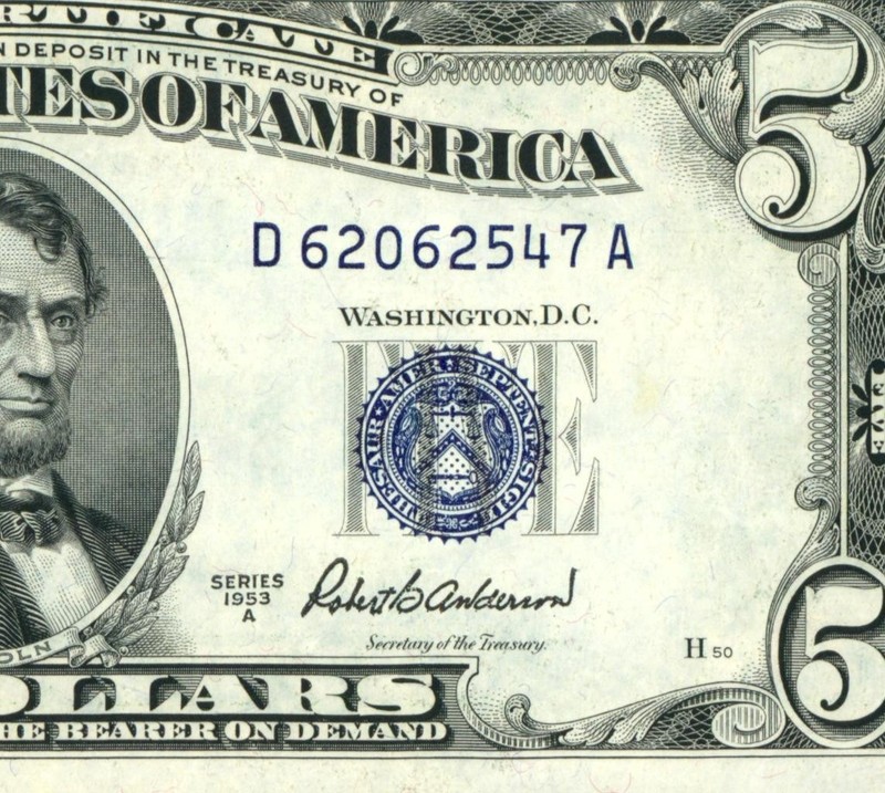 $5 1953 ((VF+/ XF)) Silver Certificate Note ** PAPER CURRENCY AUCTIONS