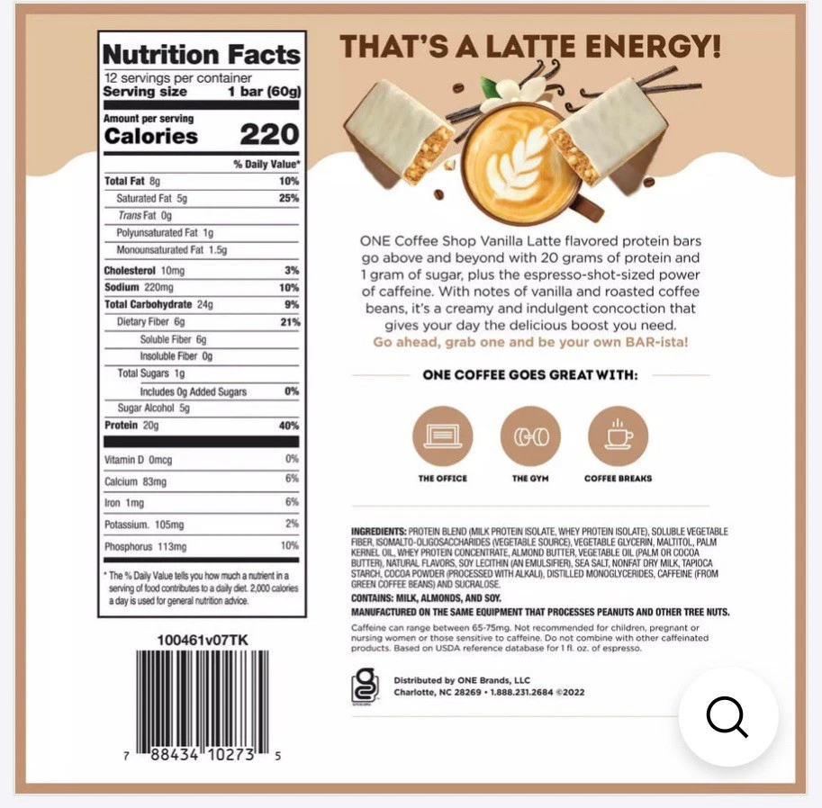 (2 упаковки) ОДИН бар кофе магазин, вкус ванили латте, 20 г белка упаковка из 12 каждый - Изображение 4 из 4