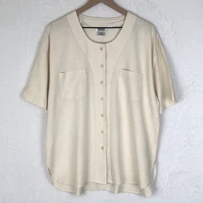 VTG SOSTANZA 100% Silk Top Women's Sz XL Button Up Textured V-Neck Short Sleeve