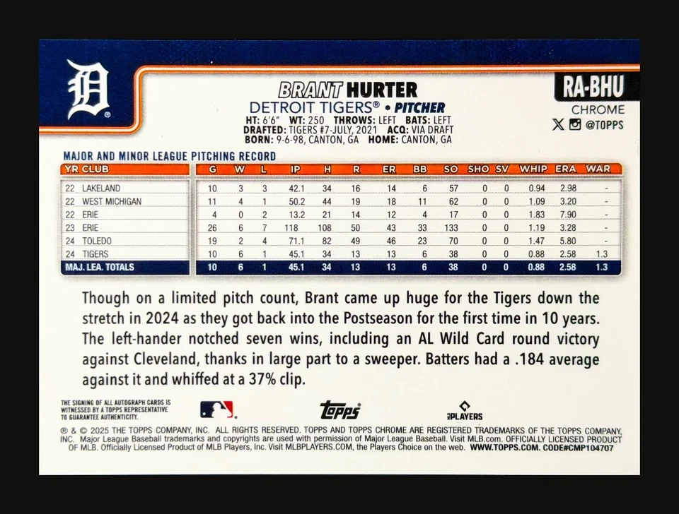 2025 Topps Chrome Brant Hurter Rookie Blue Refractor Auto /150 Rc #RA-BHU - Image 3 of 4