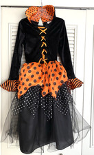 Girls Witch Costume Dress Black Orange Polka Dots Tulle Overlay Size Large