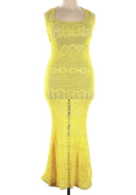 ALEXIS Crochet Maxi Dress Yellow L Sleeveless Cutout Coverup Bodycon Knit  $825 | eBay