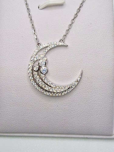 925 STERLING SILVER WHITE GOLD OVERLAY MOISSANITE DVVS1 NECKLACE MOON PENDANT - Picture 7 of 7