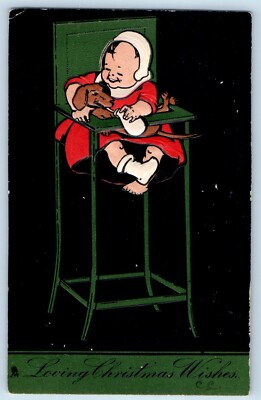 Christmas Postcard Toddler Feed Milk Dachshund Dog Embossed Tuck 8256 Antique