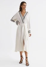 REISS NYLA SIDE STRIPE TIE FRONT MIDI IVORY DRESS