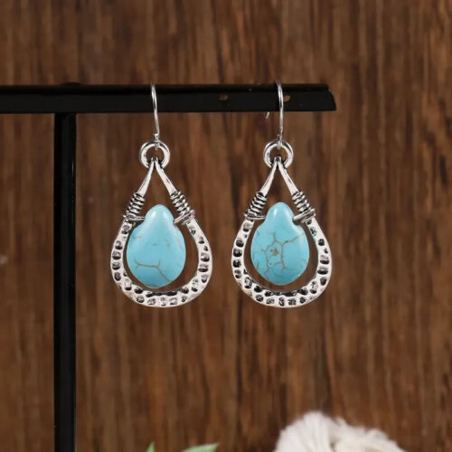Hammered Teardrop Turquoise Stone Dangle Drop Earrings Silver - Picture 3 of 7