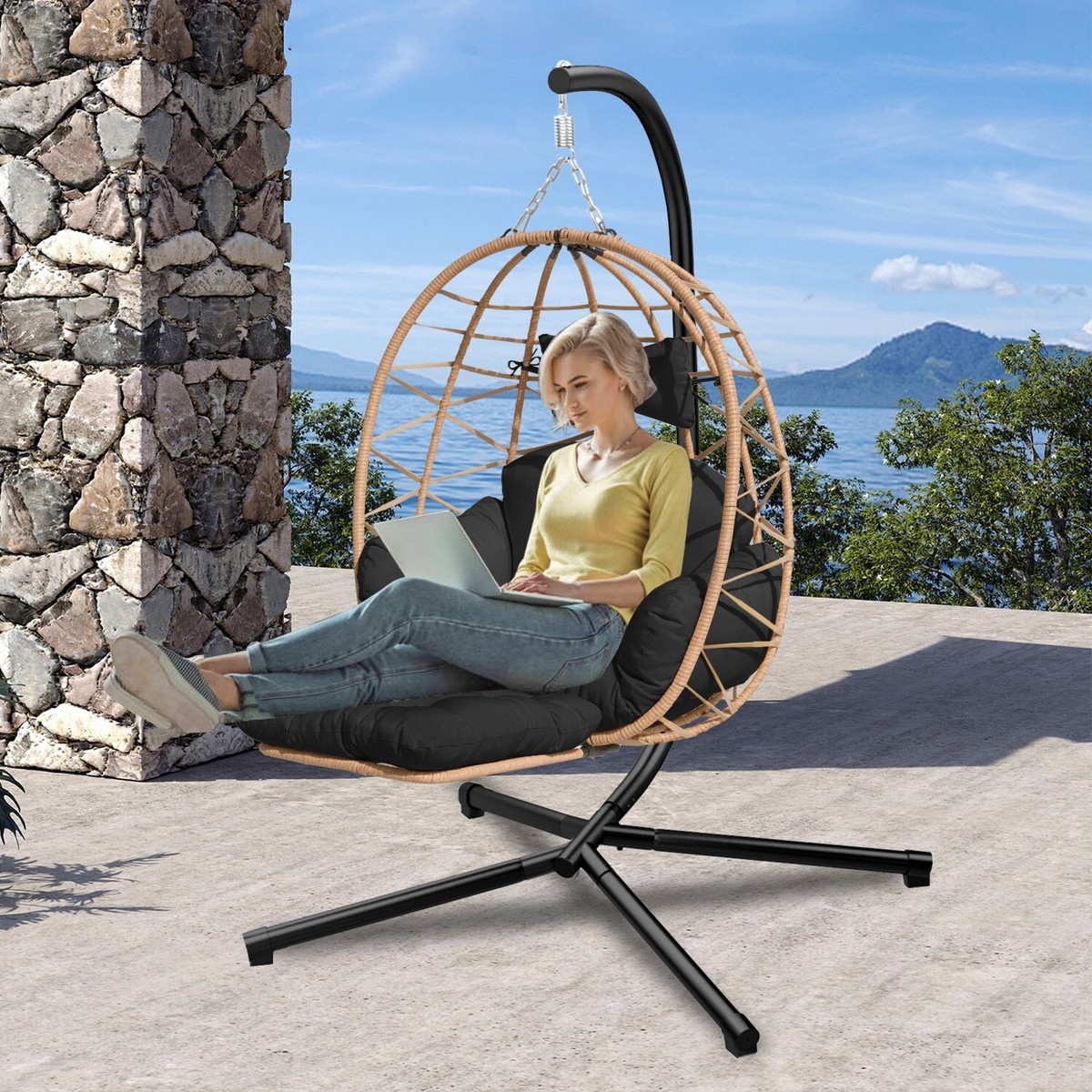 Hanging Egg Chair with Stand Leg Rest Outdoor Swinging Rattan