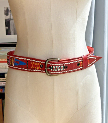 Vintage Hand Made Morrocan Women's Belt Red Leather Woven Size S - 26.5'' - 31''