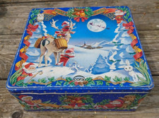 Vintage Ancienne boîte à biscuits en métal décor Noël Cora Collection