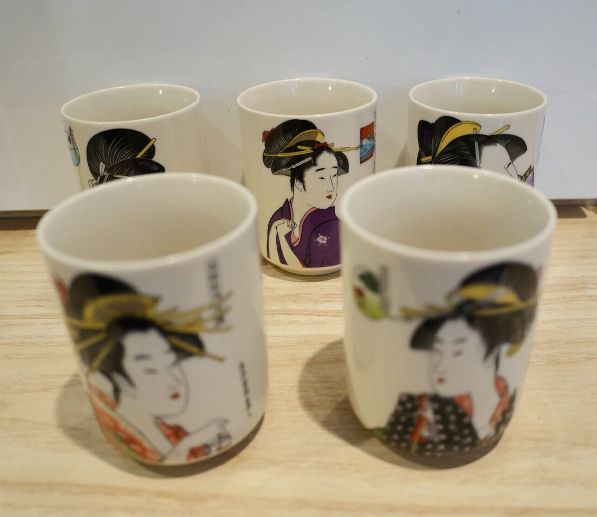 Set of 5 Vintage Geisha Girl Sake Wine Tea Cup Japanese Porcelain