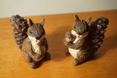 Pair of Squirrel Figurines Squirrel holding Acorn with Pinecone Tails Fall Decor