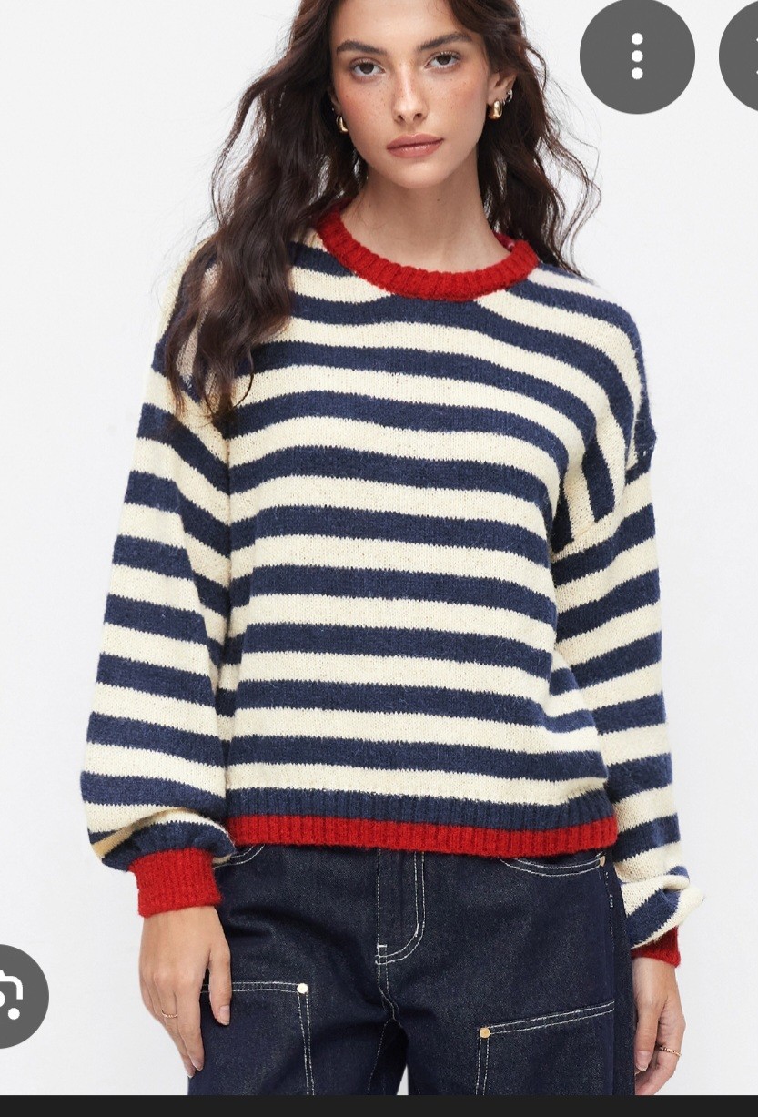 NWT CIDER Blue & White Striped Mohair Blend Sweater Contrast Red Nautical Sz S