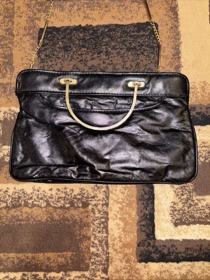 Bolso sin asas Stylecraft Miami negro charol/dorado bolso de mano de hombro años 60 Foto 2 de 4