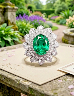 5.50Ct Oval Cut Cut Natural Emerald & Diamond 18K White Gold Engagement Ring