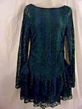 Free People Boho Moss Green Lace Dress Long Sleeve Ruffle Skirt Large NWT