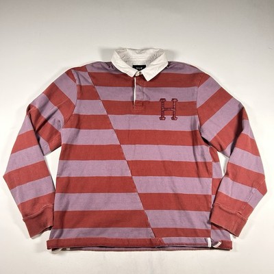 HUF Mens Long Sleeve Striped Rugby Polo 100% Cotton Red and Lavender Shirt Large