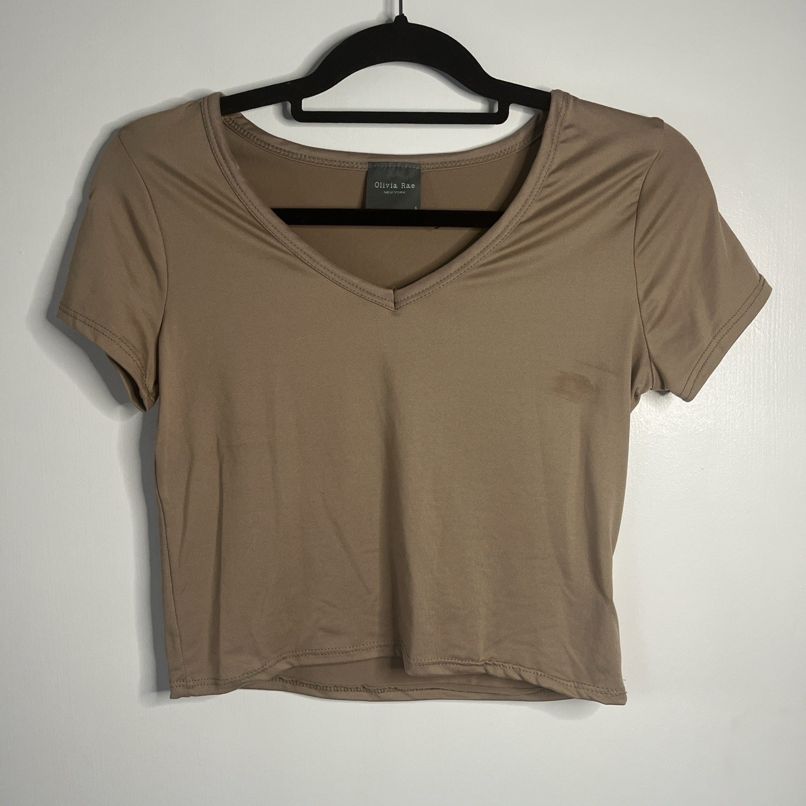 Olivia Rae Beige Stretch V-Neck Cropped Short Sleeve Knit T-Shirt Size S
